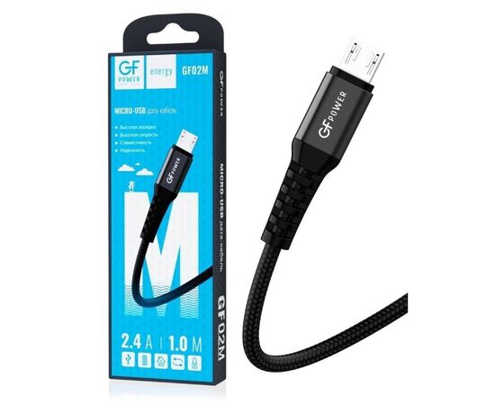  Кабель GFPower 02M USB (m)-microUSB (m) 1.0м 2.4A нейлон черный (1/200/800) 