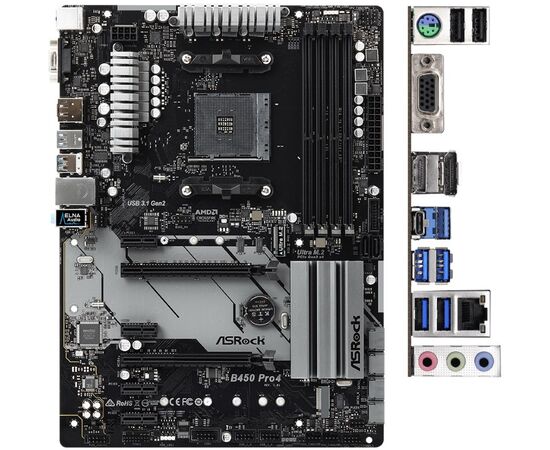  MB sAM4 ASRock B450 PRO4 R2.0, AMD B450, 4xDDR4-2667, D-SUB+HDMI+DP, 2xPCI-Ex16, 4xPCI-Ex1, 6xSATA3(RAID 0/1/10), 2xM.2, 8 Ch Audio, GLan, (2+4)xUSB2.0, (5+2)xUSB3.2, 1xUSB3.2 Type-C™, 1xPS/2, ATX, RTL 